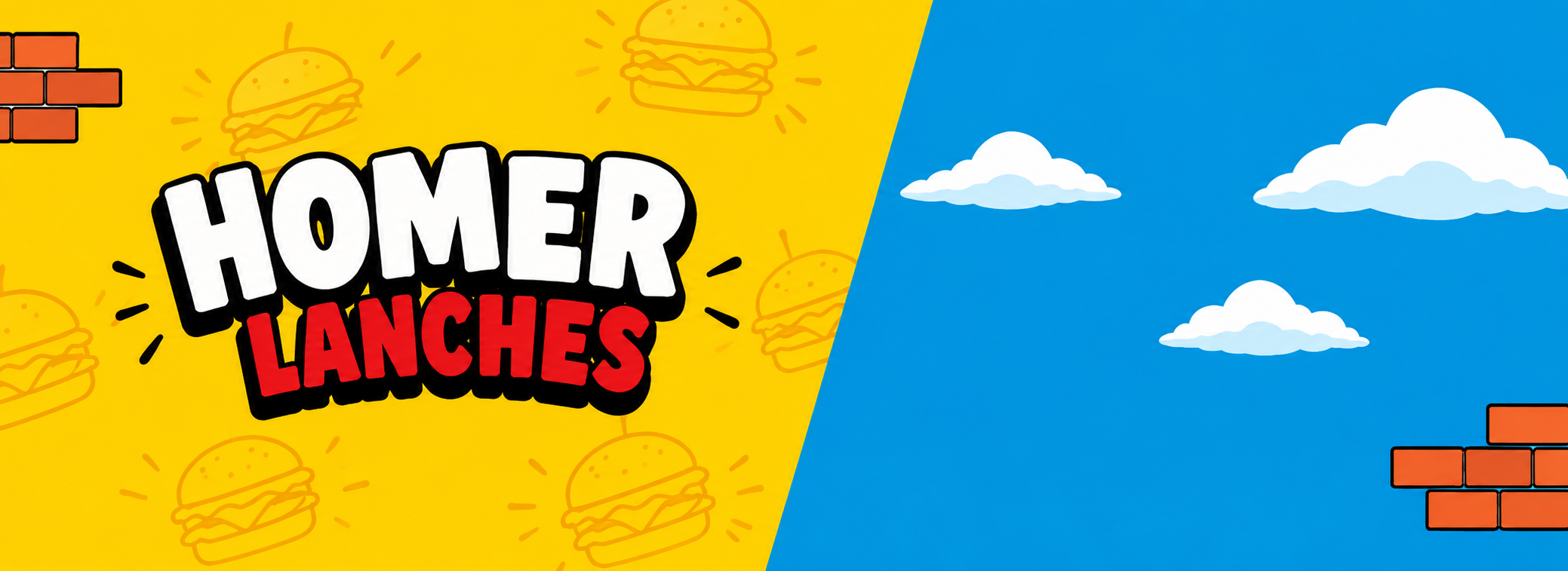 Placa da lanchonete HomerLanches com banner laranja e azul dividido em diagonais, texto HOMER LANCHES e nuvens